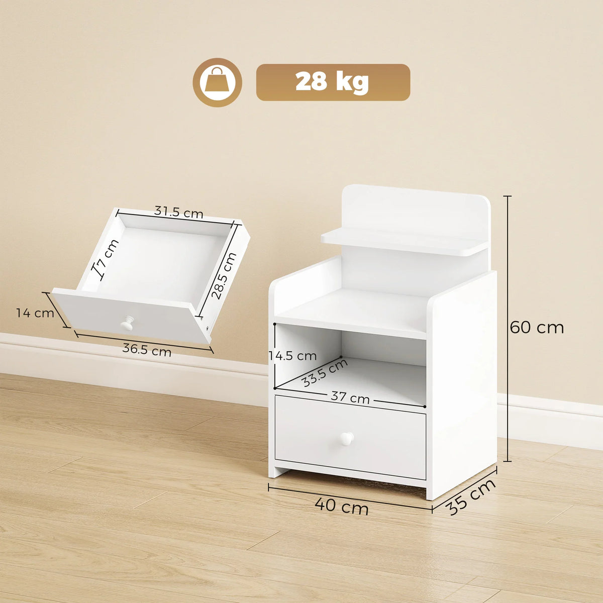 White nightstand with drawer and open shelves, angled view with size details
