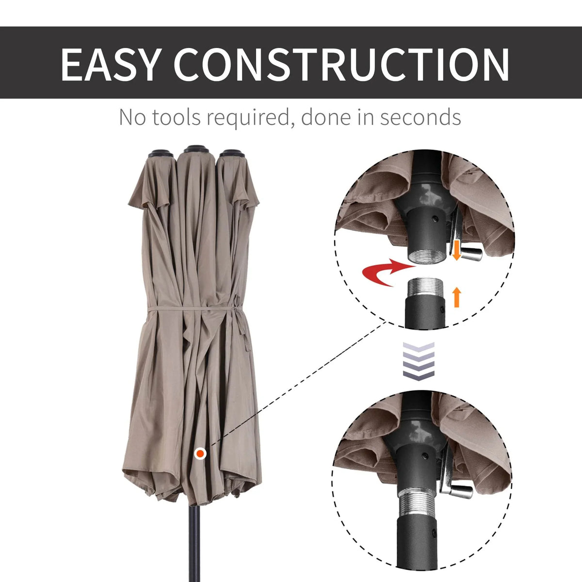 Tan double-canopy umbrella folded for assembly with pole and black base