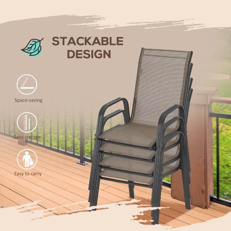 Stackable grey outdoor dining chair with high back and armrests, shown in a set