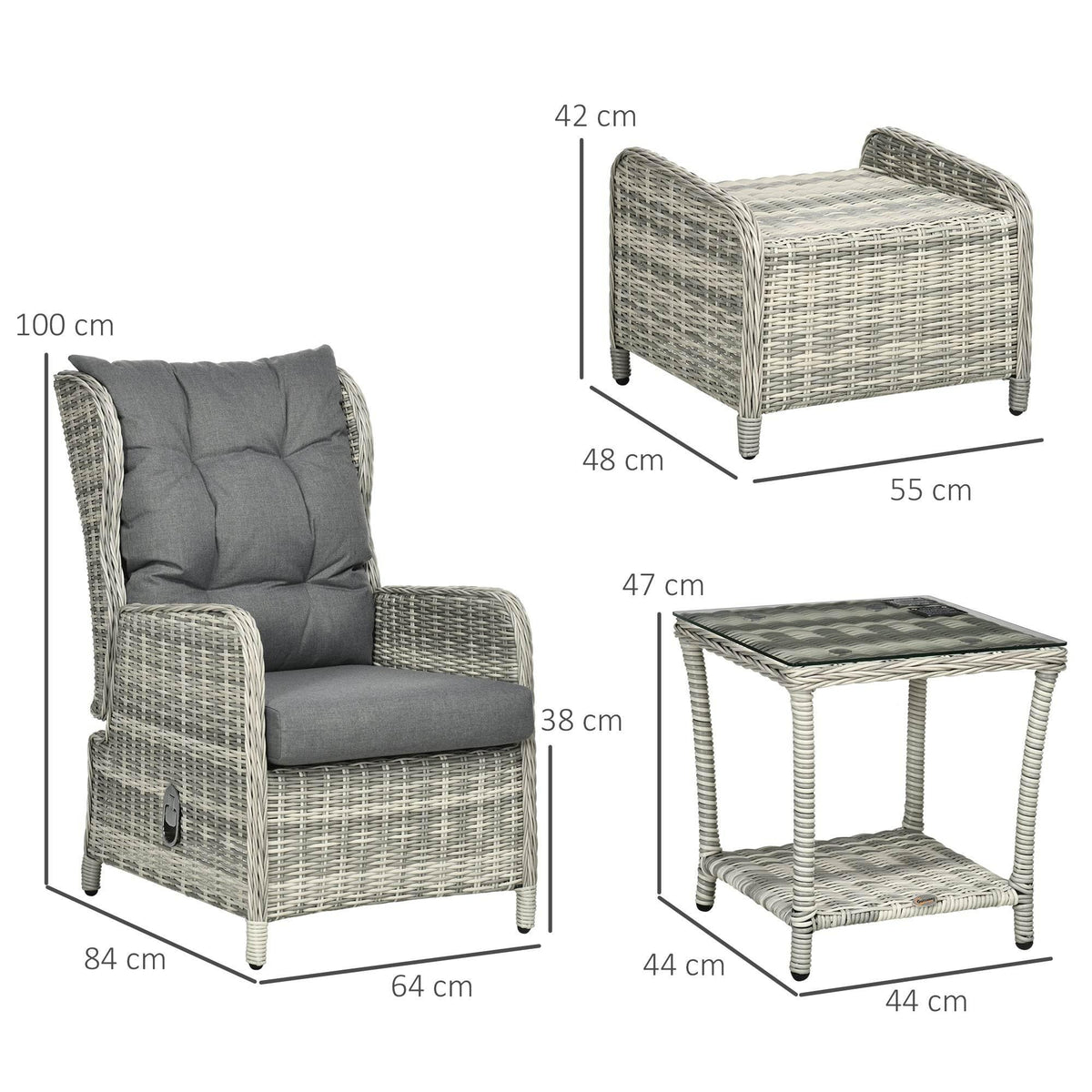 Outdoor grey wicker recliner chair with dark grey cushions and glass-top side table