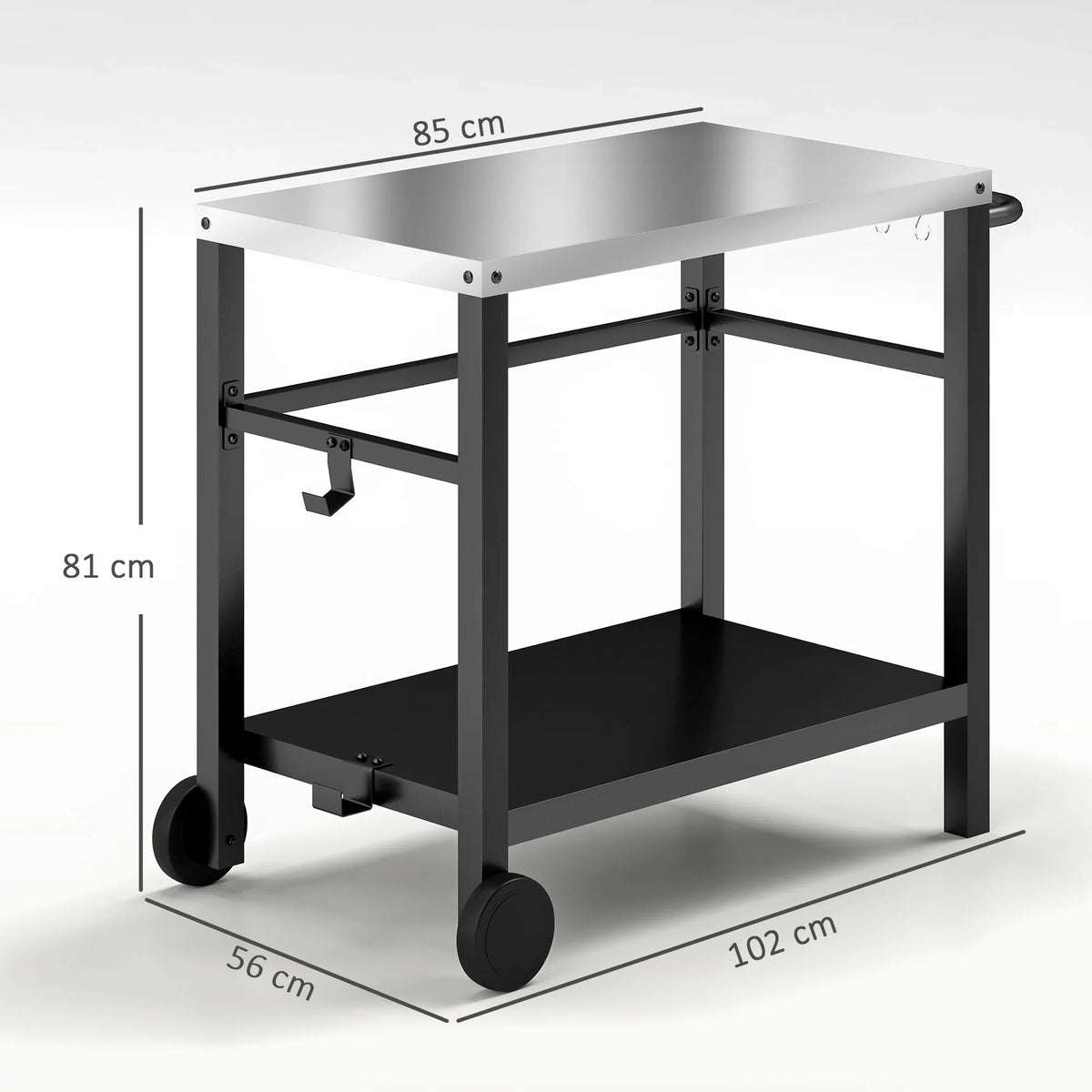 Charcoal grey grill cart with stainless top, two tiers, and corner wheels; front view.