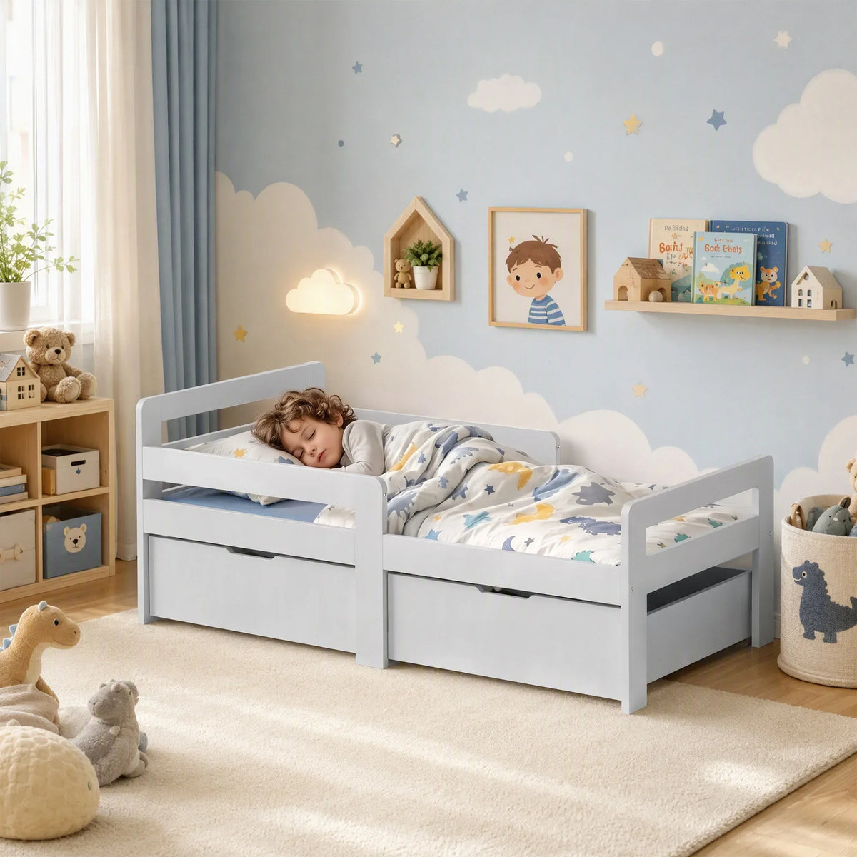 Light grey wooden kids bed with guard rails and two under-bed storage drawers