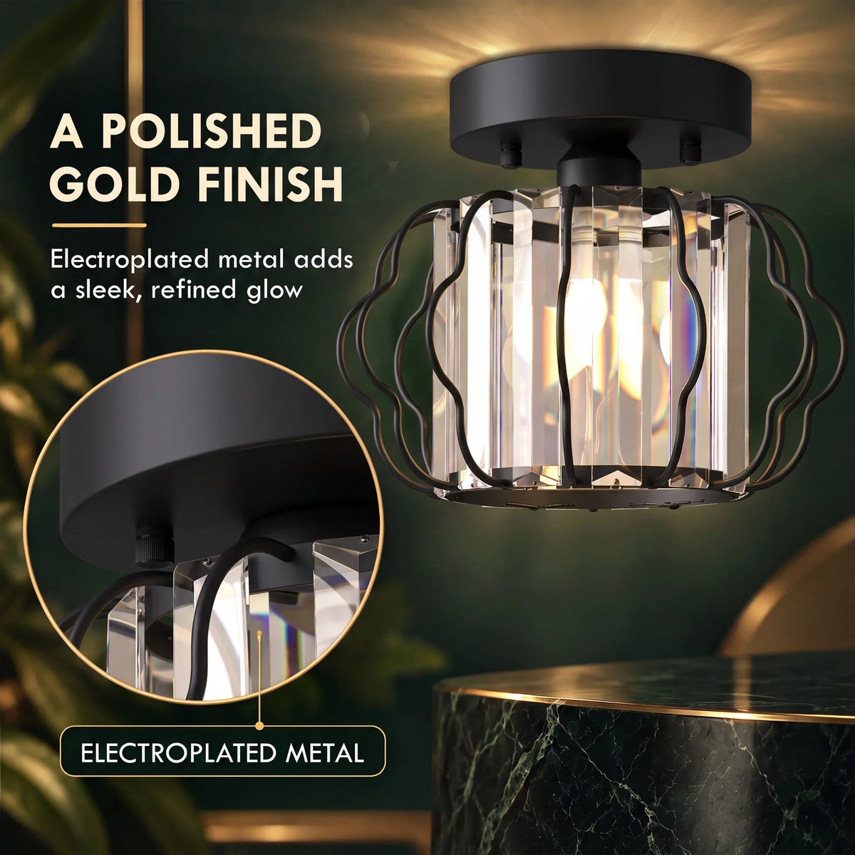 Black semi-flush mount ceiling light with clear crystal bars and warm illuminated bulbs