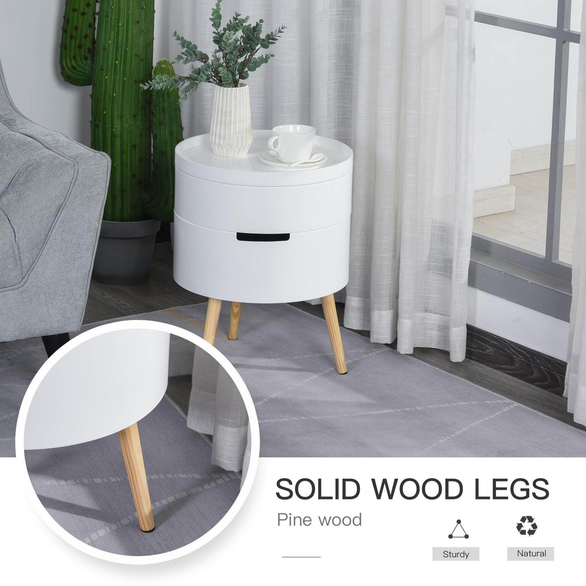White round side table with pine wood legs and concealed storage drawer