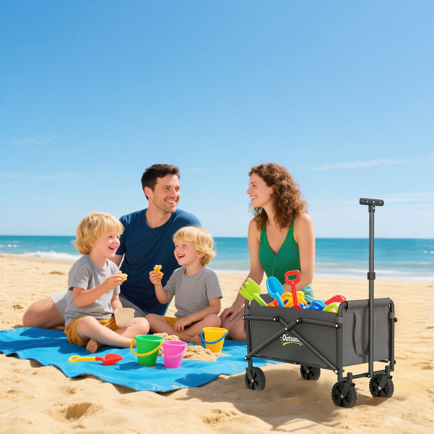 Outsunny 41L Trolley On Wheels, 60kg Heavy Duty Collapsible Folding Wagon With Adjustable Handle And Carry Bag Grey