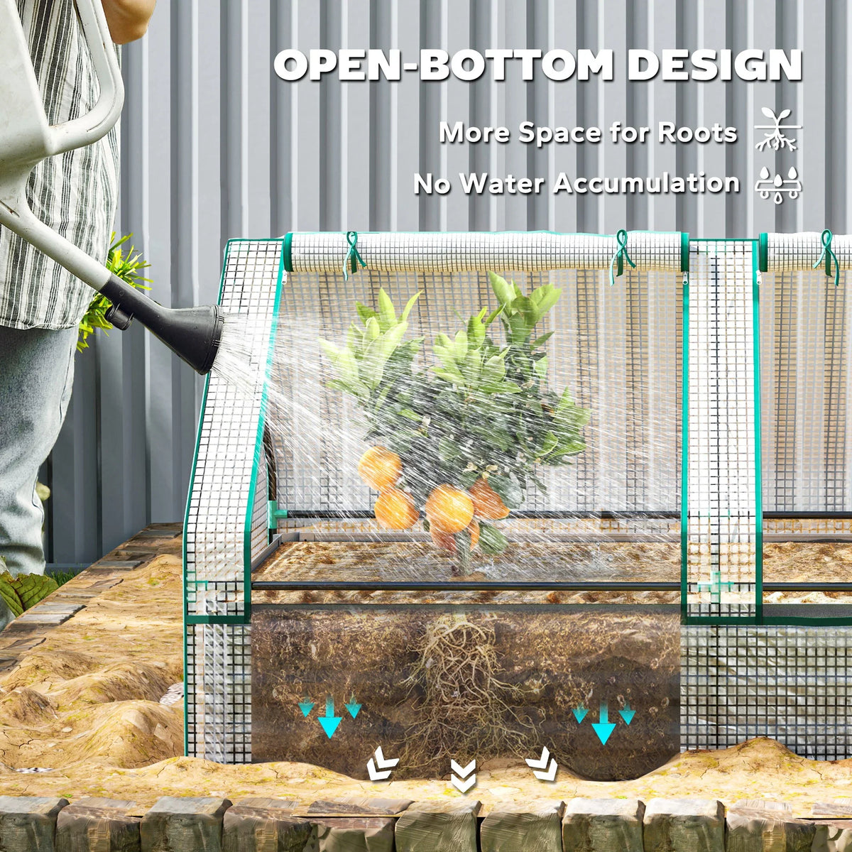 Raised planter greenhouse with open-bottom mesh sides and ground stakes