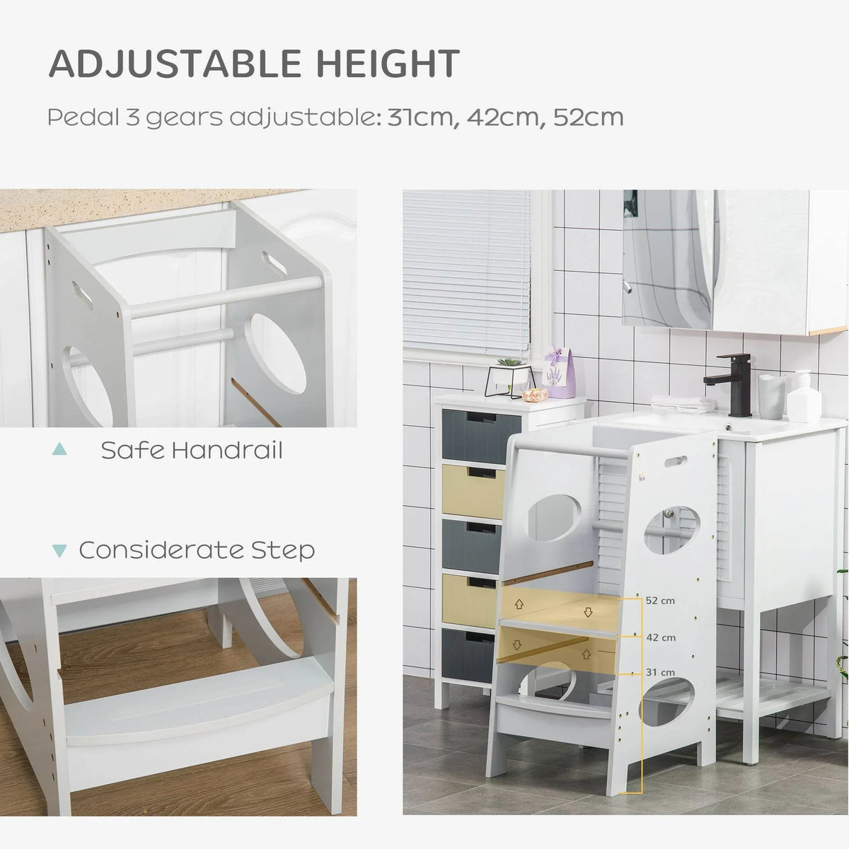 Grey kids step stool with side safety rail and two-step platform