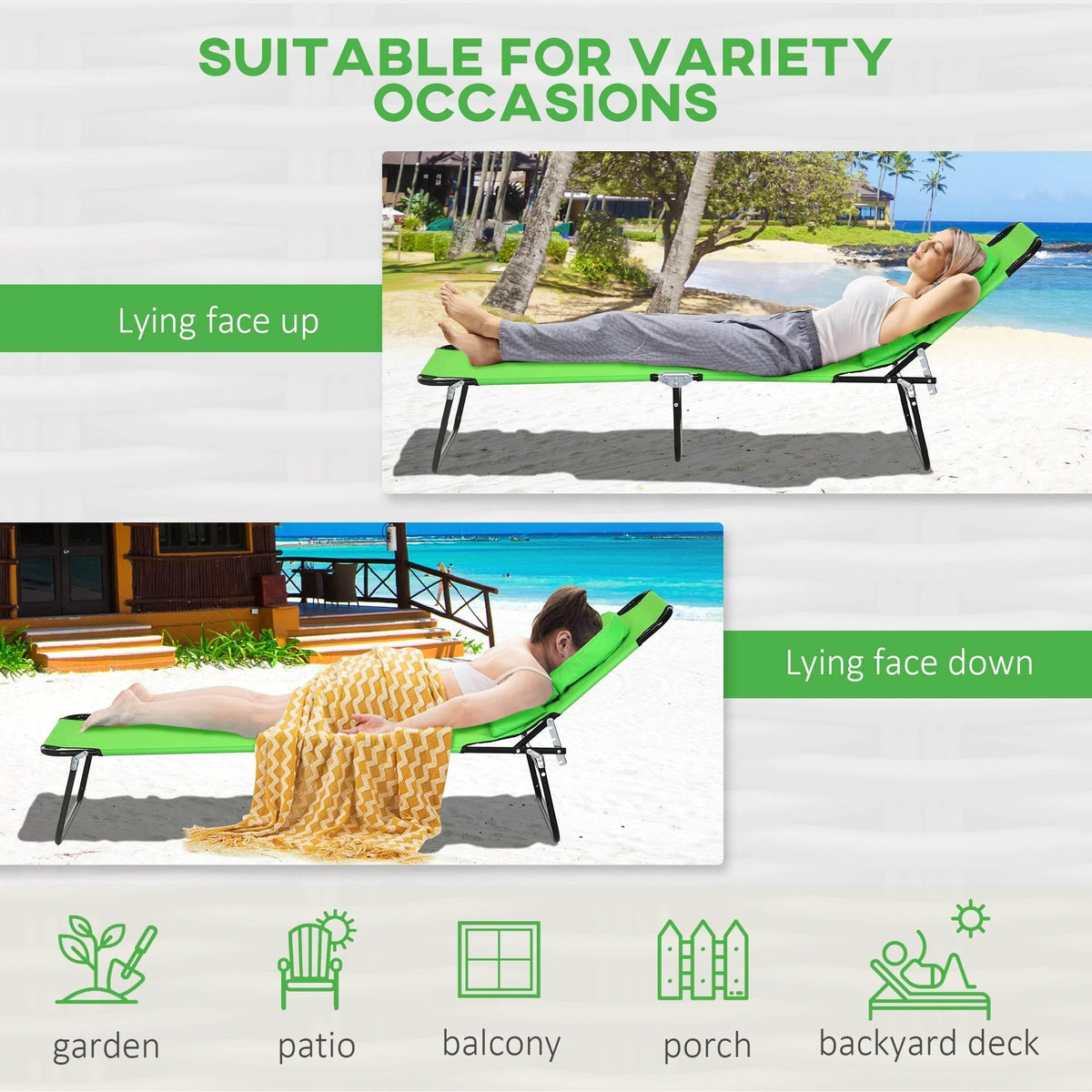 Green adjustable sun lounger with cushioned backrest, reclined for face-up and face-down