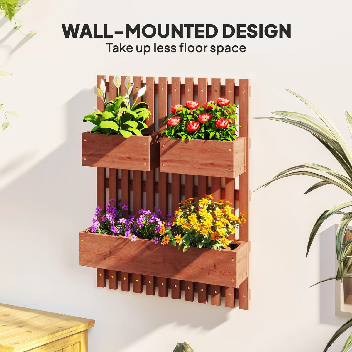 Brown wall-mounted wooden planter with trellis and three removable plant boxes