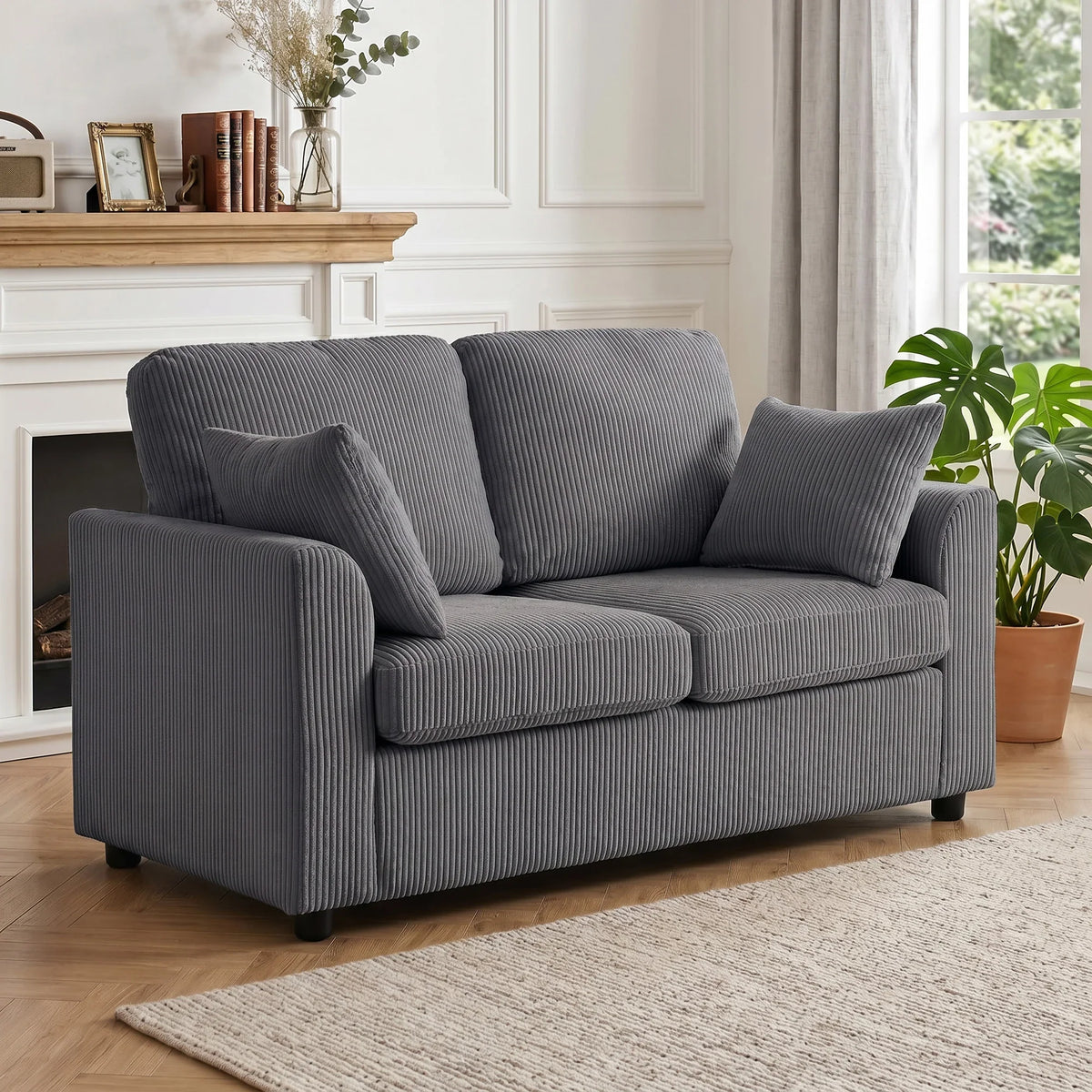 Dark grey corduroy 2-seat sofa with wide arms and tufted back cushions