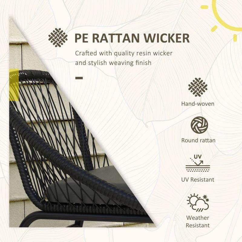 Black PE rattan wicker armchair with tightly woven pattern and curved backrest