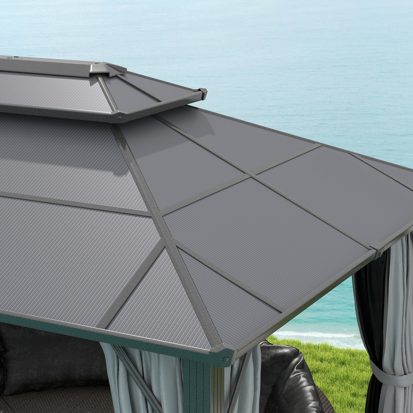 Outsunny 3x4m Hardtop Gazebo UPF30 Double Polycarbonate Roof Aluminum Frame Mosquito Netting Curtains Grey