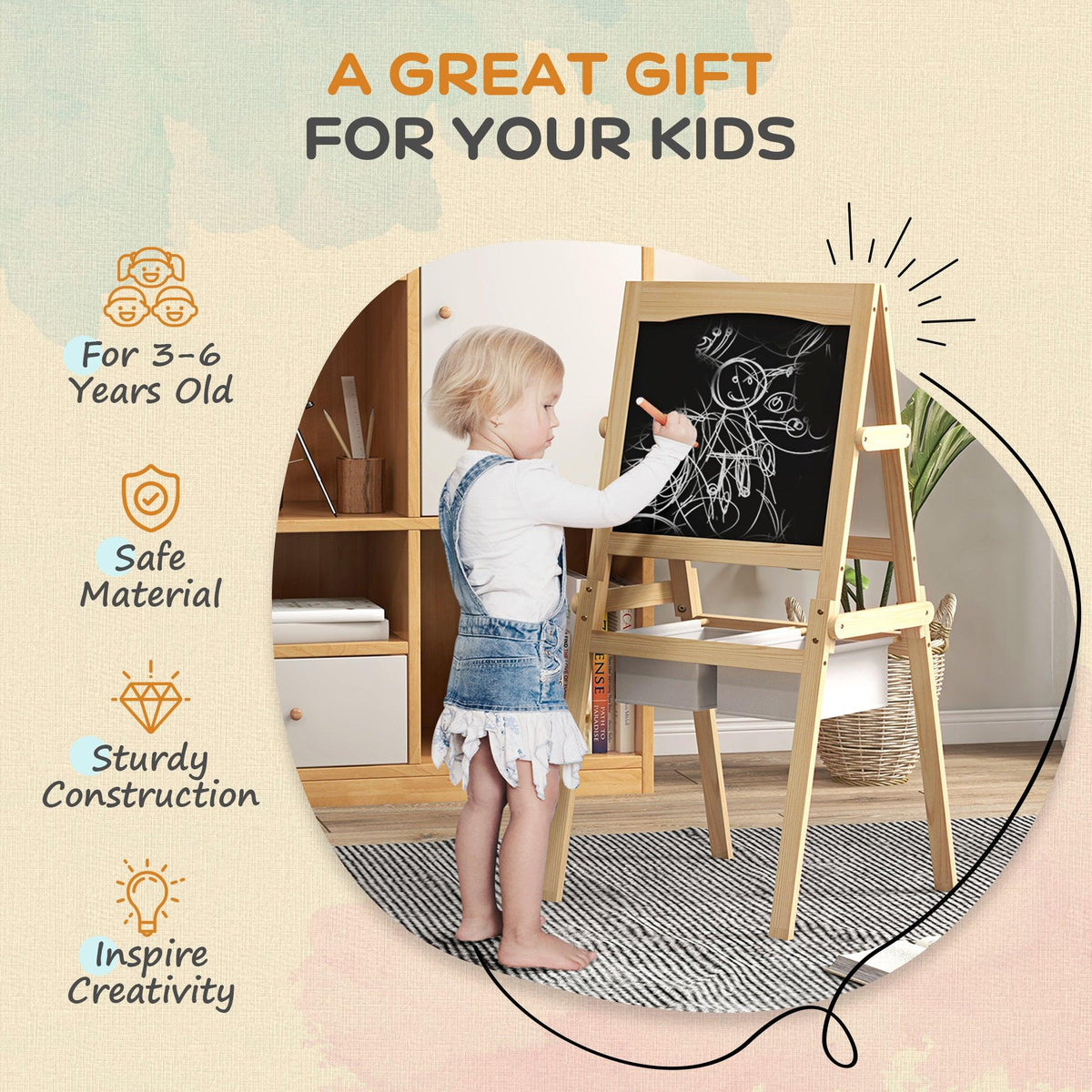 Kids wooden art easel with chalkboard and storage shelves for supplies