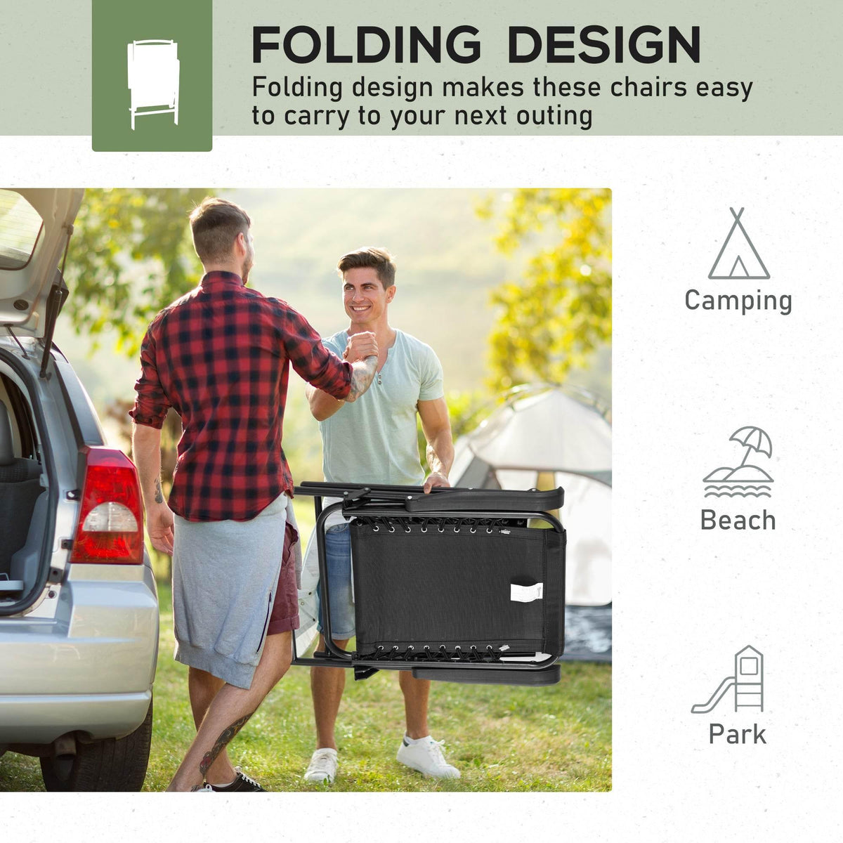 Black folding camping chair lifted for carrying, with mesh back and armrests