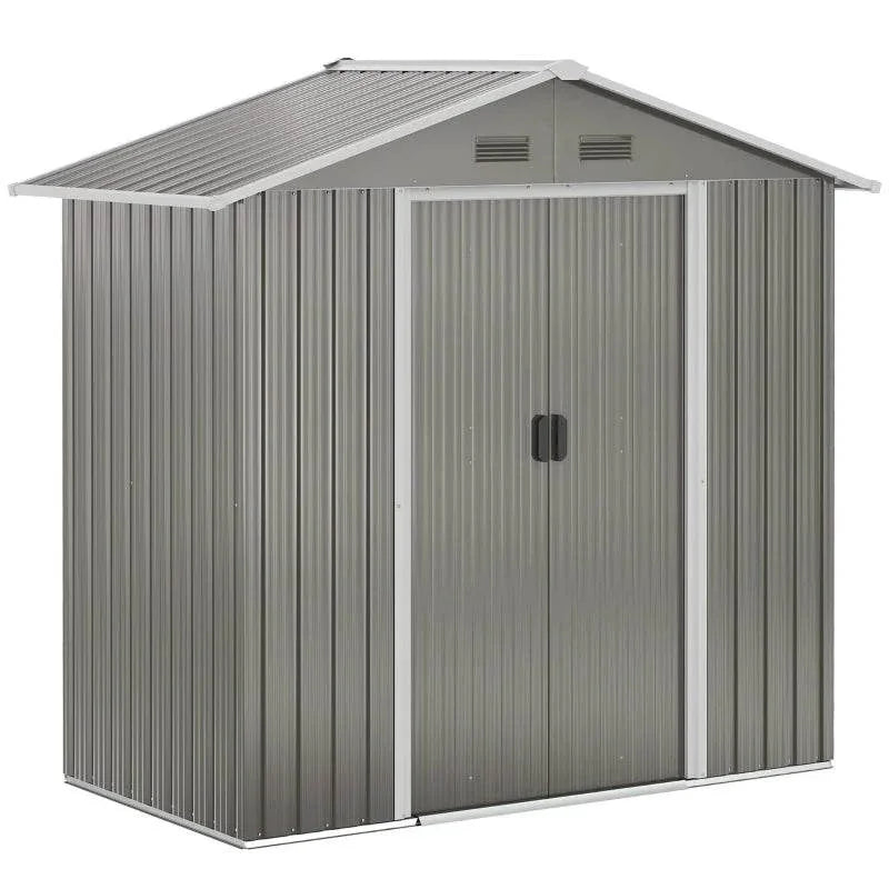 Grey metal storage shed with double sliding doors and vent panels, front view