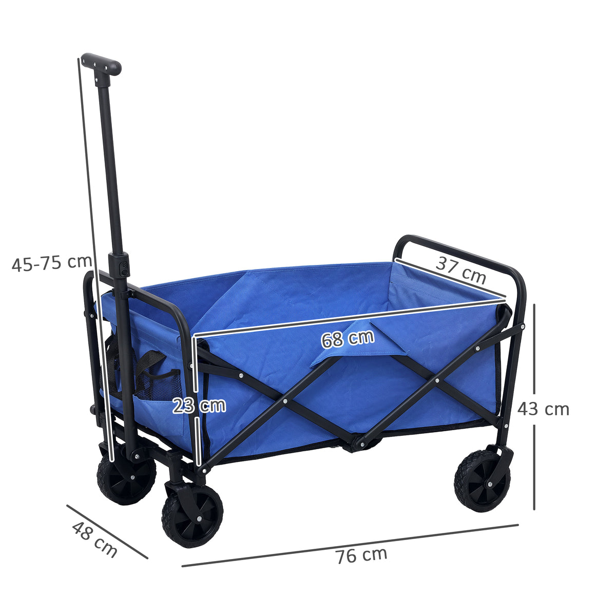 Blue folding wagon cart with telescoping handle, steel frame, and four wheels