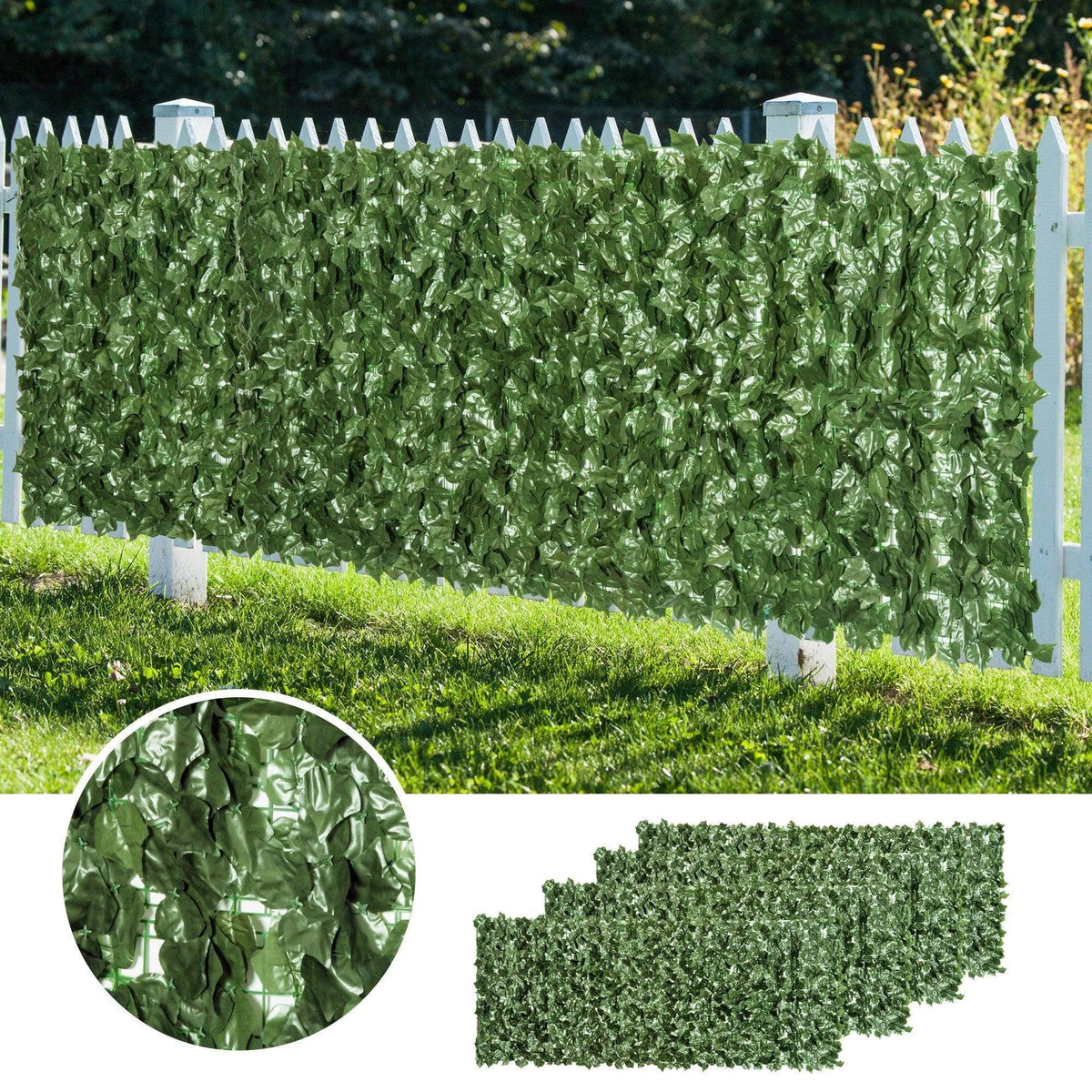 Dark green artificial leaf hedge screen fence panel with posts and dense leaf coverage