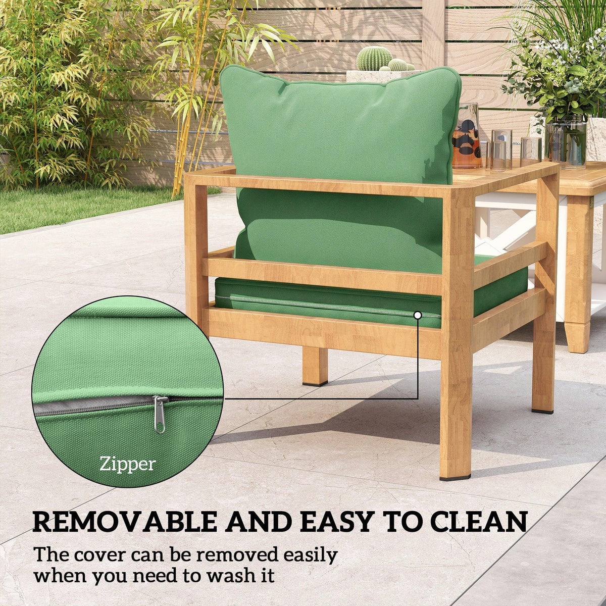 Green seat cushion with zipper closure detail for easy cover removal