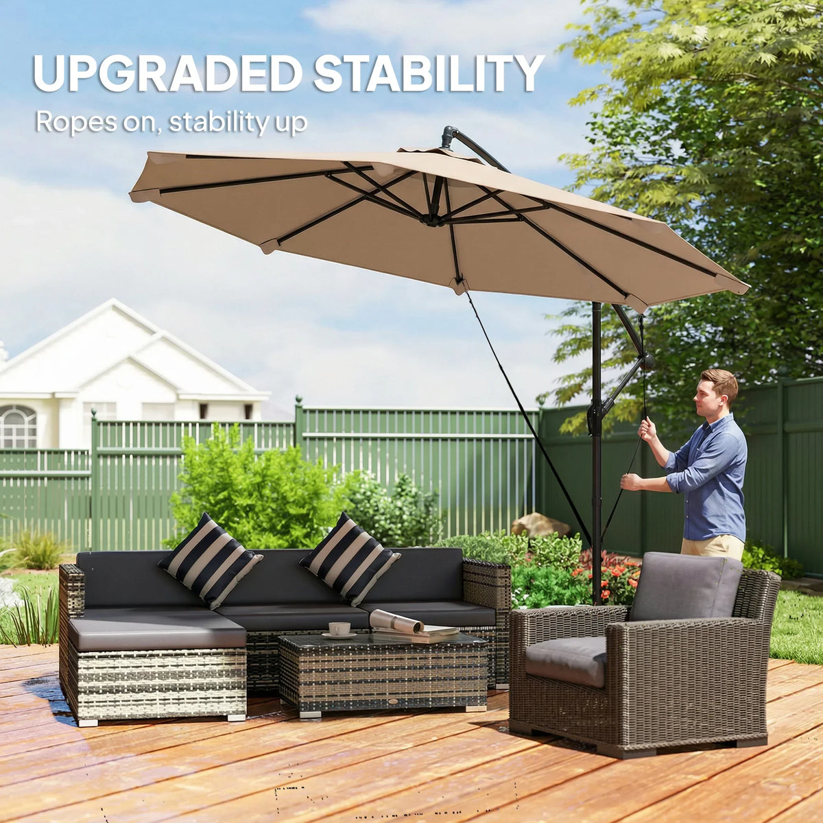 Khaki cantilever banana parasol with crank handle and protective cover