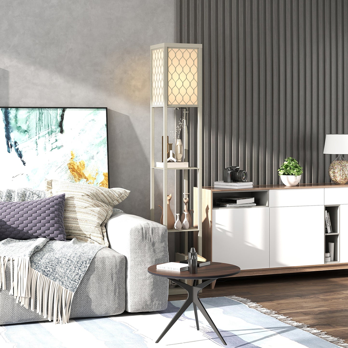 HOMCOM Three Shelf Standing Lamp Oak White With Storage Shelves And Reading Light For Living Room