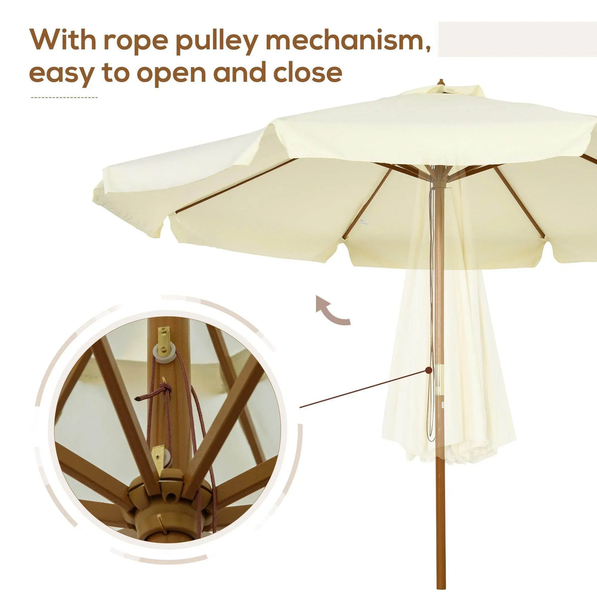Beige patio umbrella with rope pulley lift system and ruffled canopy, hanging fabric detail.