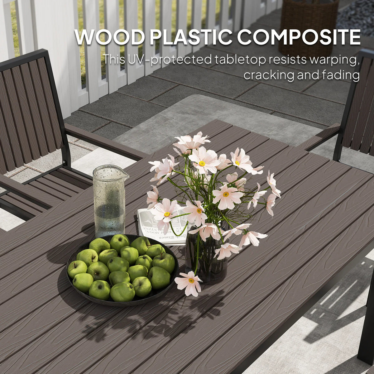 Dark brown outdoor tabletop with wood-composite look and table edge detail