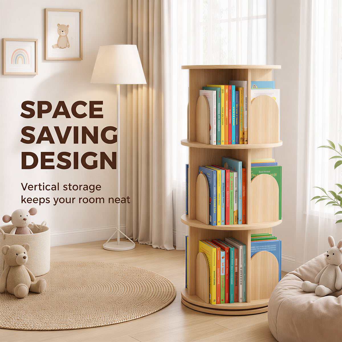 Space-saving rotating 3-tier kids bookshelf with vertical round cubbies in light wood