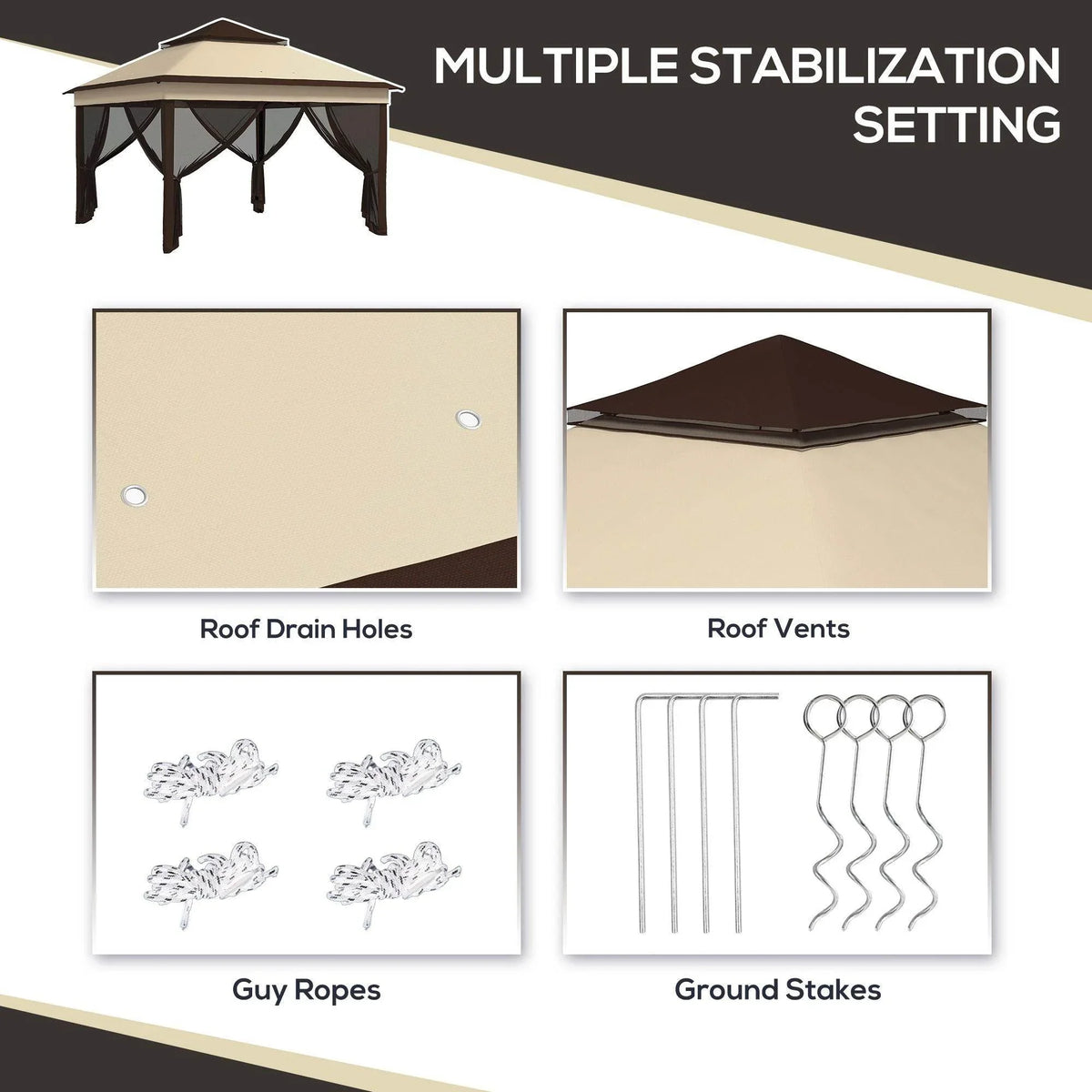 Beige pop-up gazebo roof with side curtains; shows roof drain holes, vents, stakes and ropes