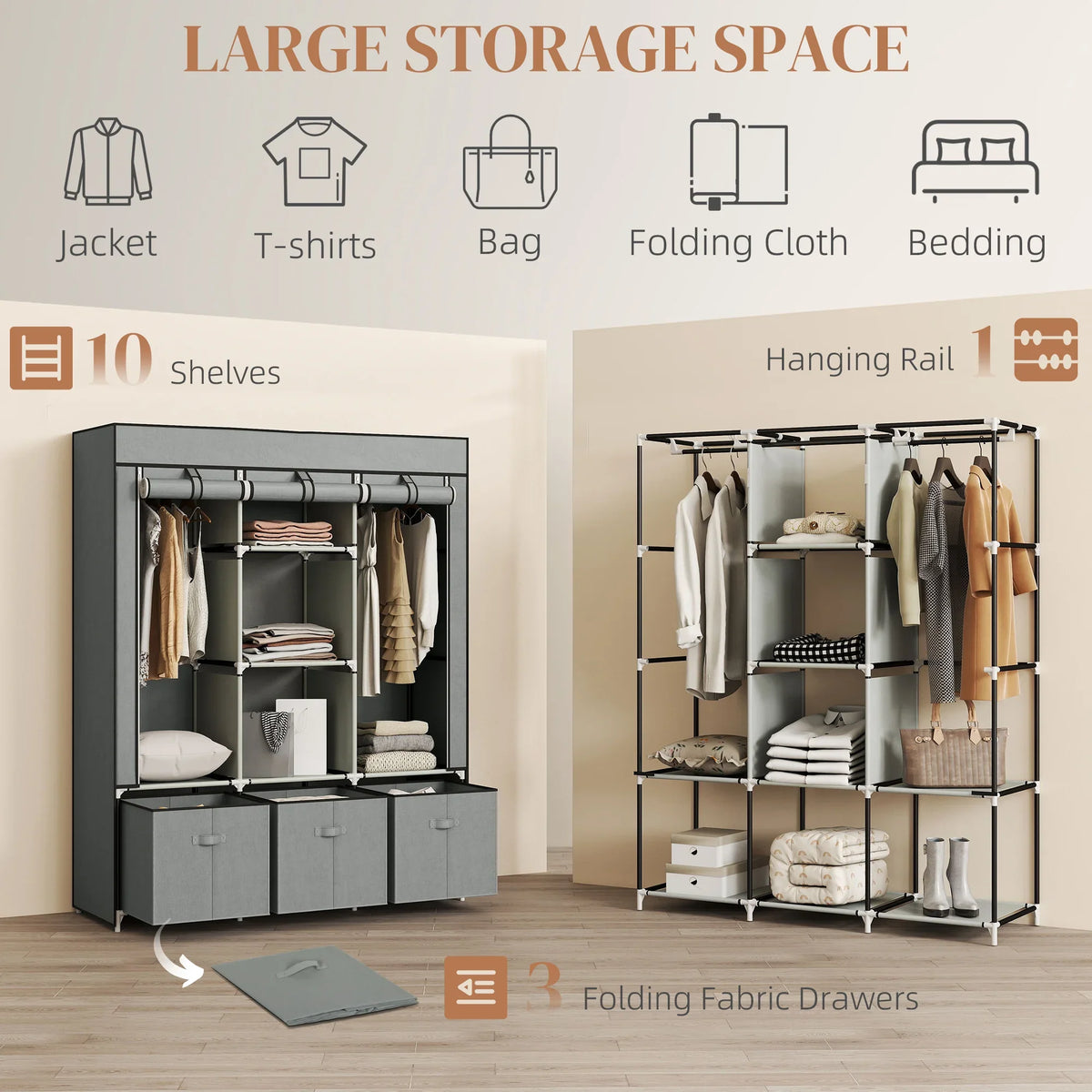 Foldable fabric wardrobe with hanging rail, multiple shelves, and fabric drawers