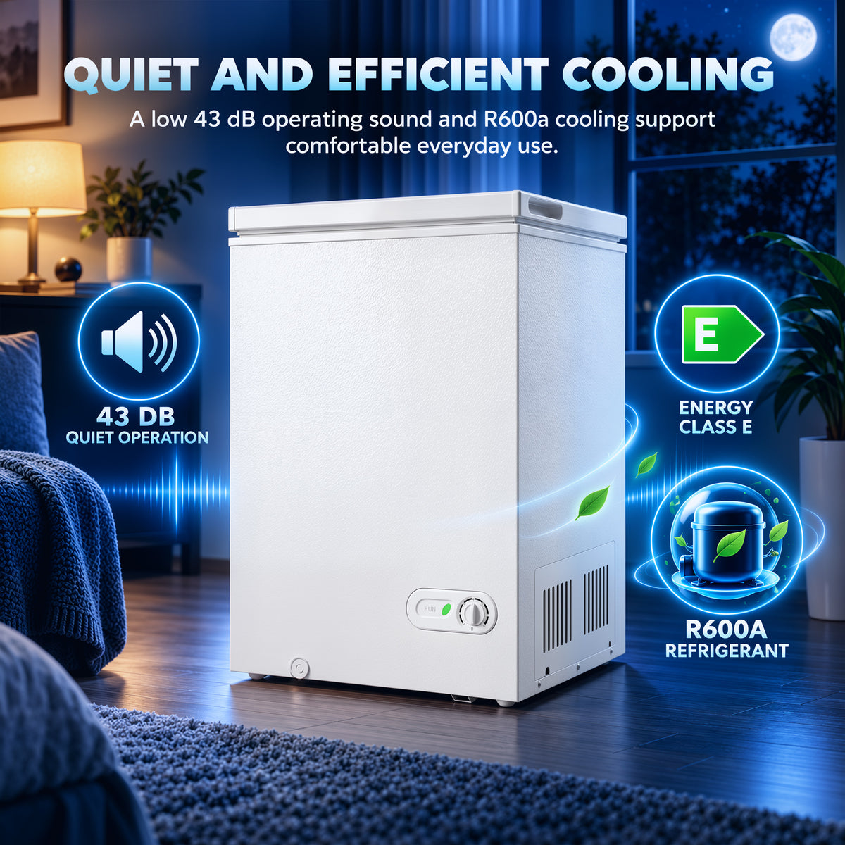 White chest freezer with front vent and control dial on floor
