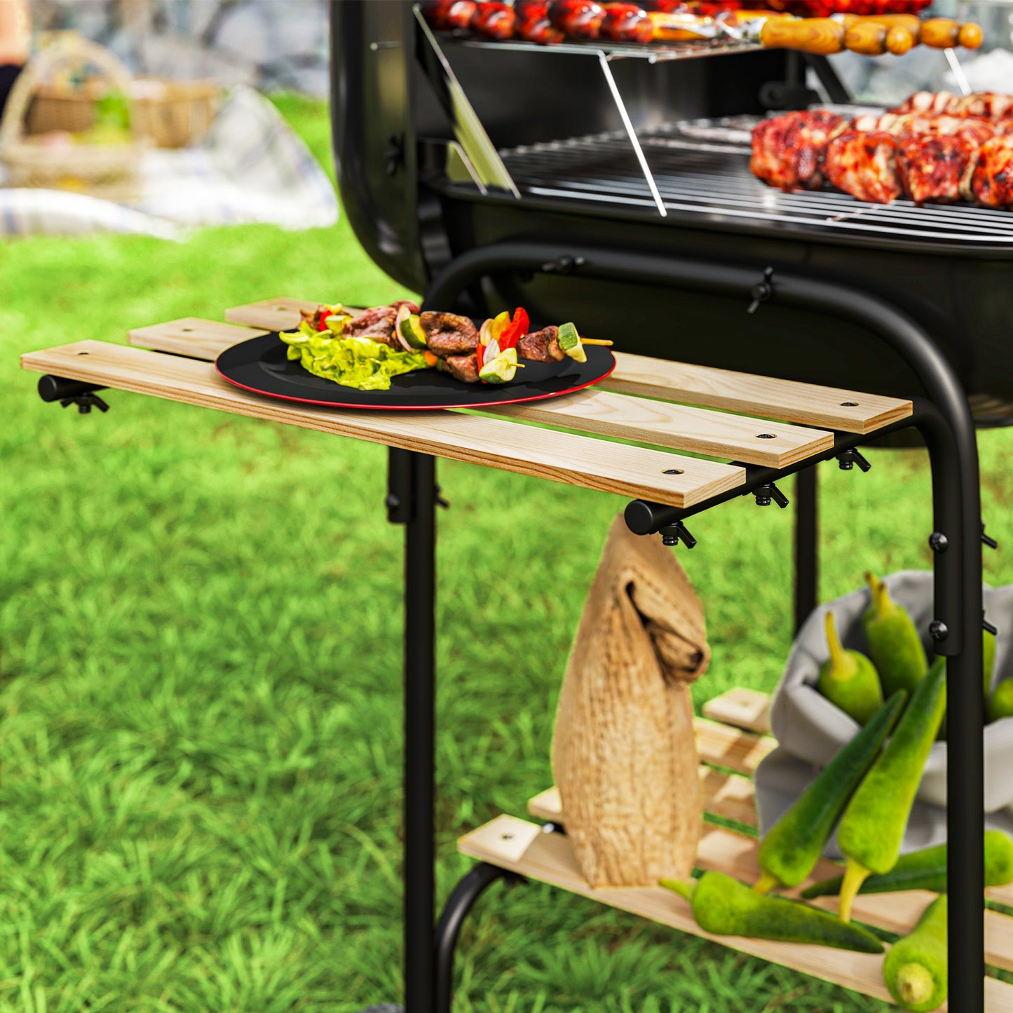 Outsunny Charcoal Portable Barbecue Grill 1840 Sq Cm Cooking Area, 3 Shelves, Adjustable Vent, Lockable Lid, Wheels