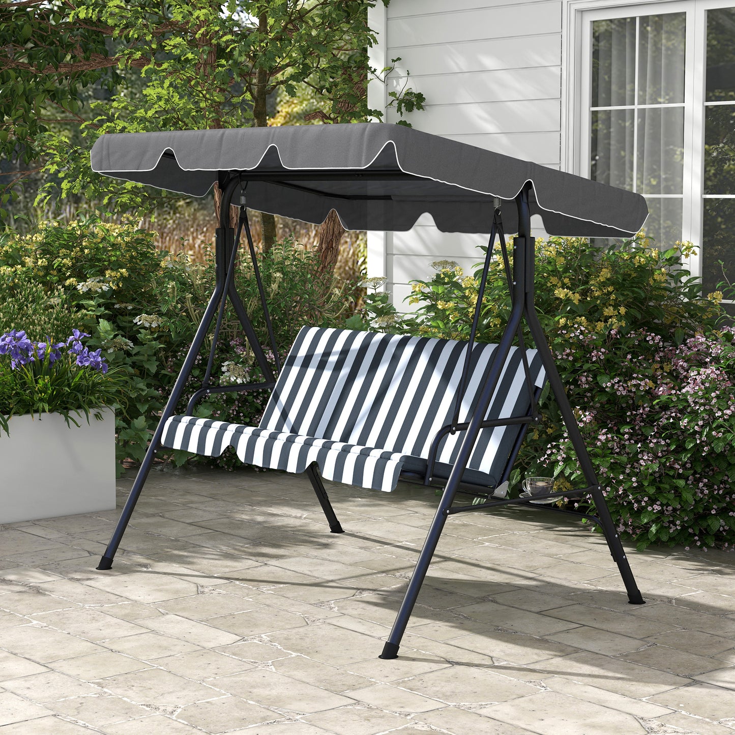 Outsunny 3 Seater Garden Swing Chair With Adjustable Canopy Metal Frame And Cushions In Grey