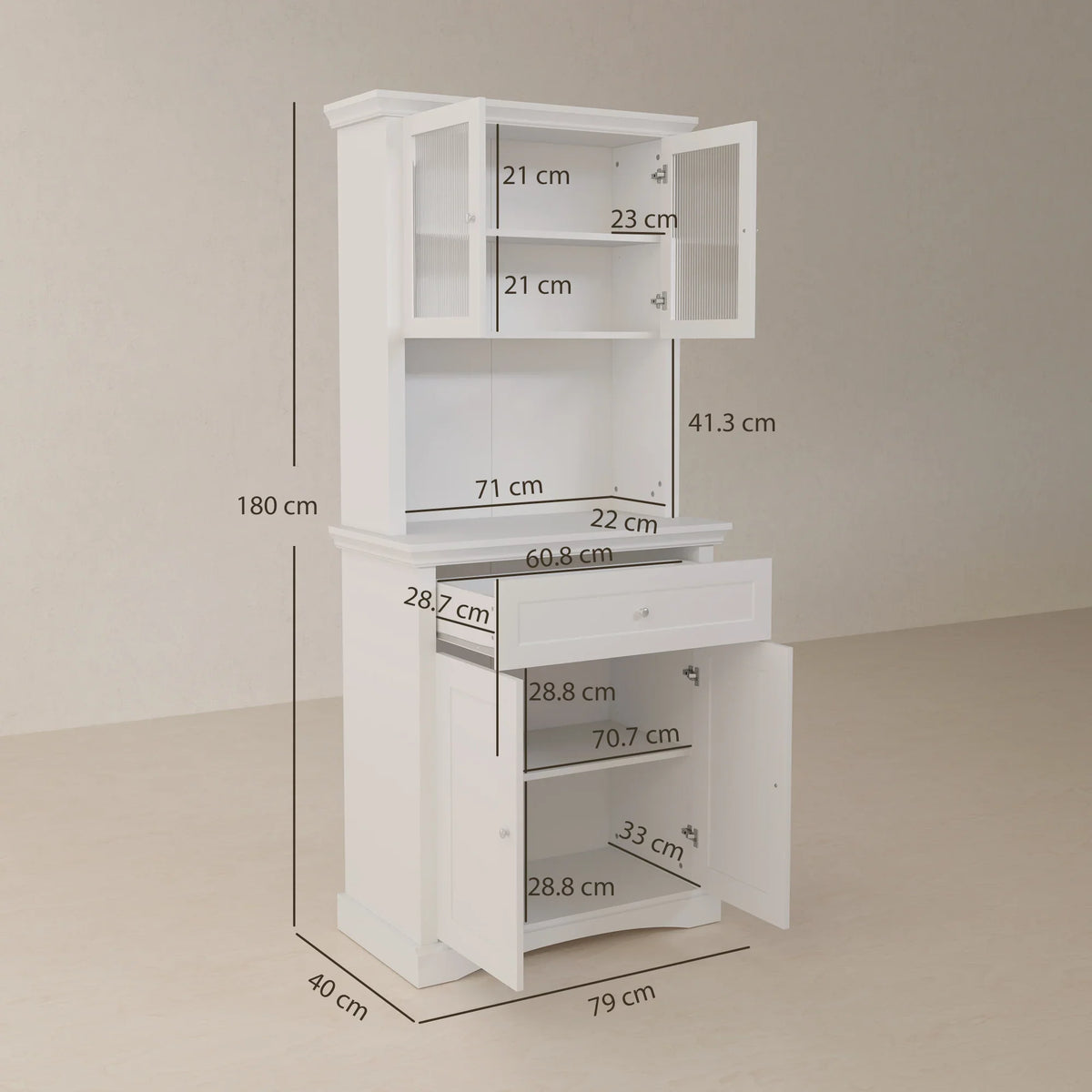 White kitchen cabinet with glass doors, drawers, and adjustable inner shelves (front view)