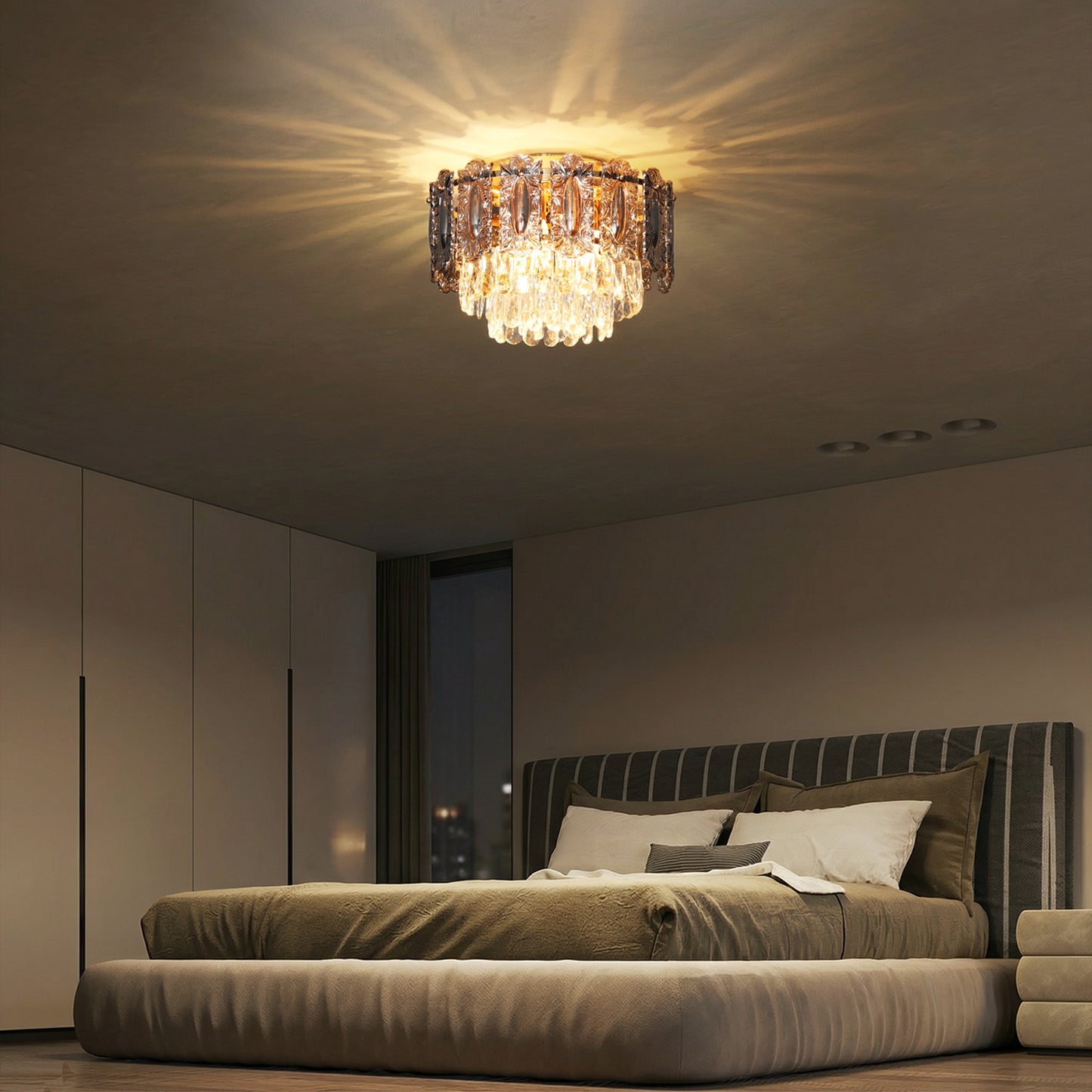 HOMCOM Chandelier Ceiling Light 3 Light Flush Mount LED Fixture With Dual Crystal And Smoke Glass Shade Gold Tone