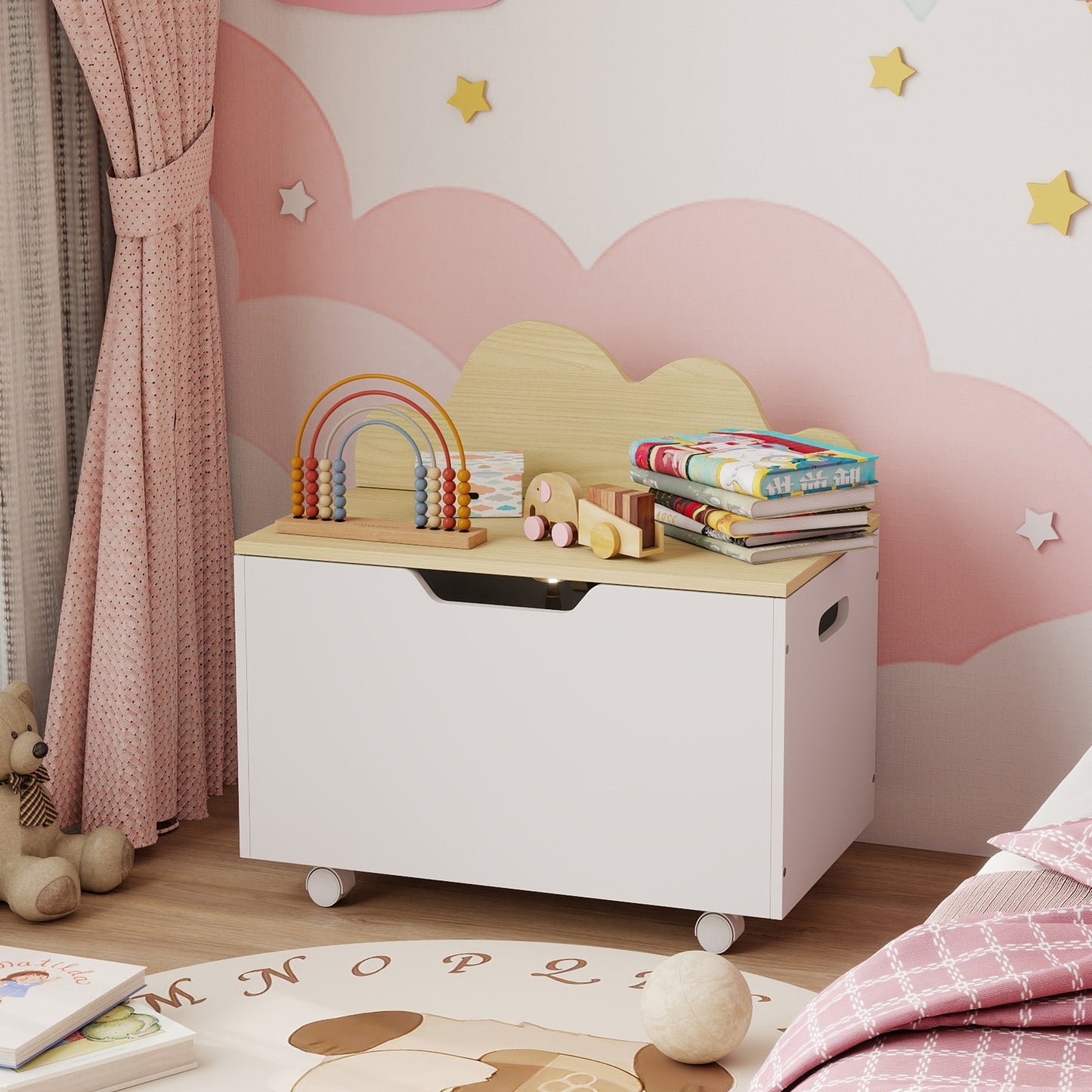 Aiyaplay Toy Box With Lid And Wheels Safety Hinges White Toddler Storage Organizer For Playroom And Bedroom