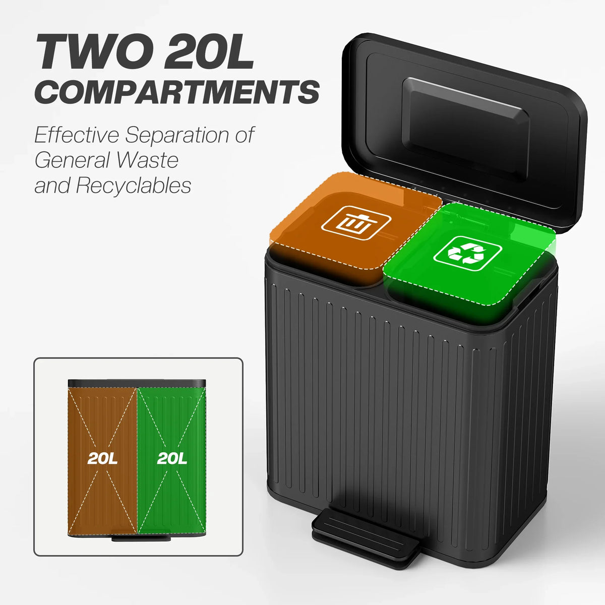 Black dual-compartment pedal bin with lid open, showing two inner bin colors
