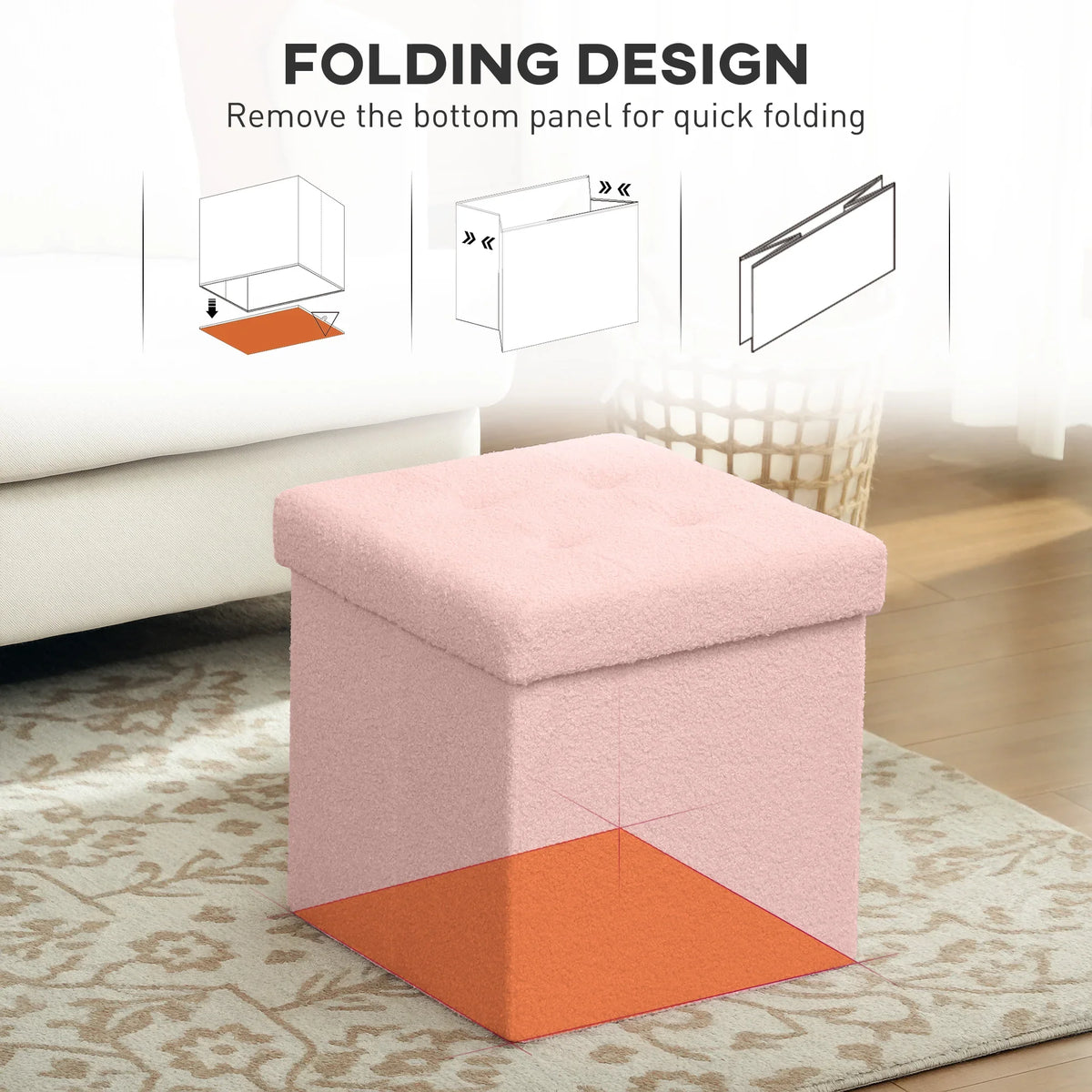 Pink foldable sherpa fleece storage ottoman with hinged lid, ready to open