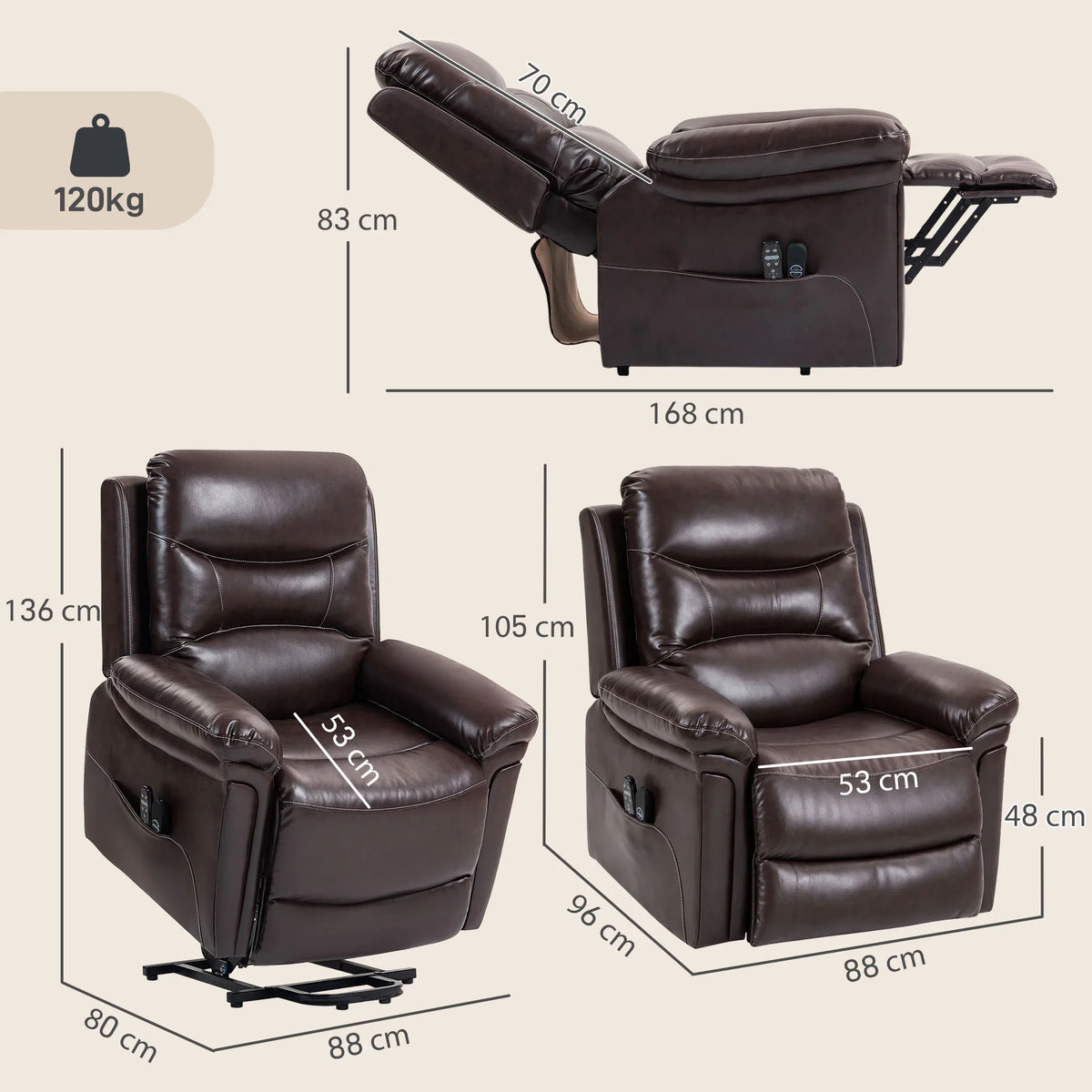 Brown PU leather riser recliner chair with lift base, size layout graphic.