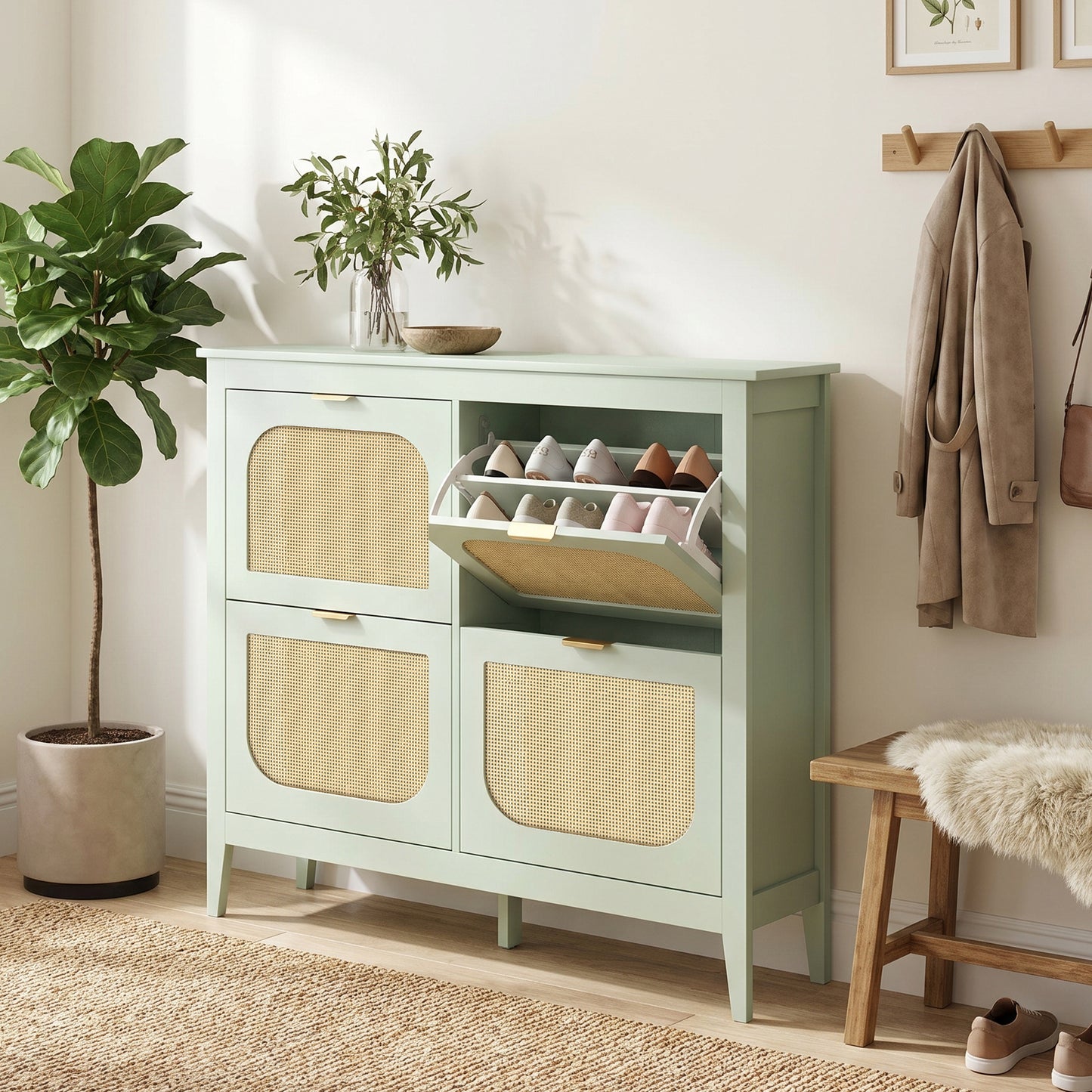 HOMCOM Narrow Boho Slim Shoe Cabinet With 4 Flip Drawers Holds 20 Pairs Light Green Entryway Organizer