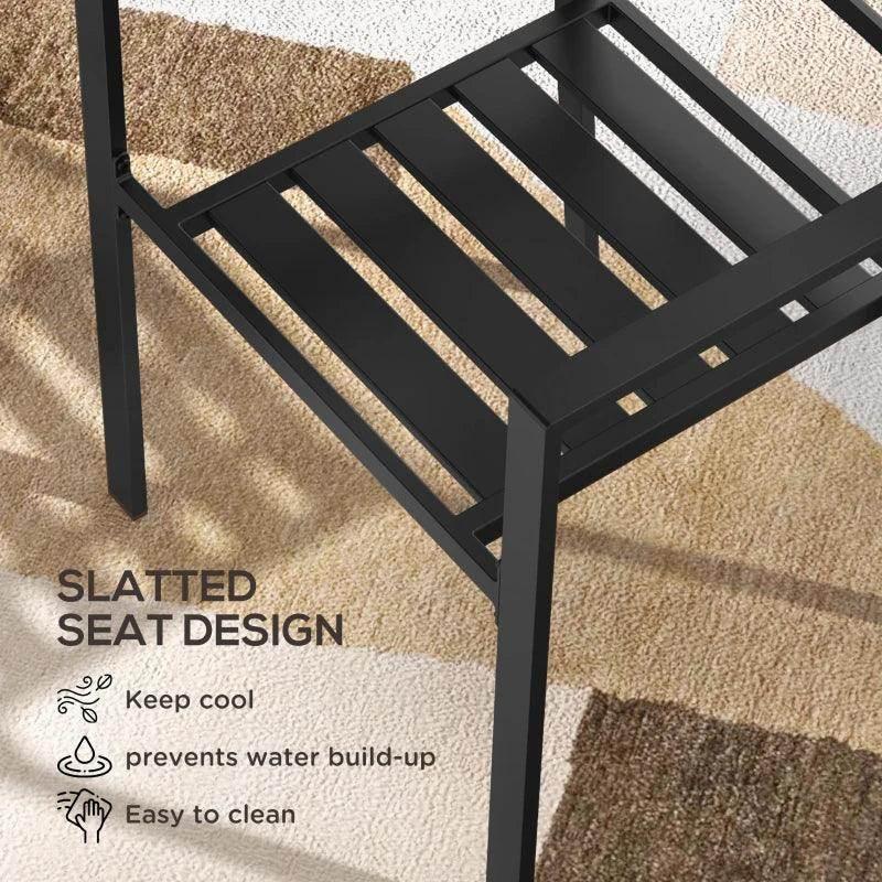 Black metal patio dining chair with close-up slatted seat design