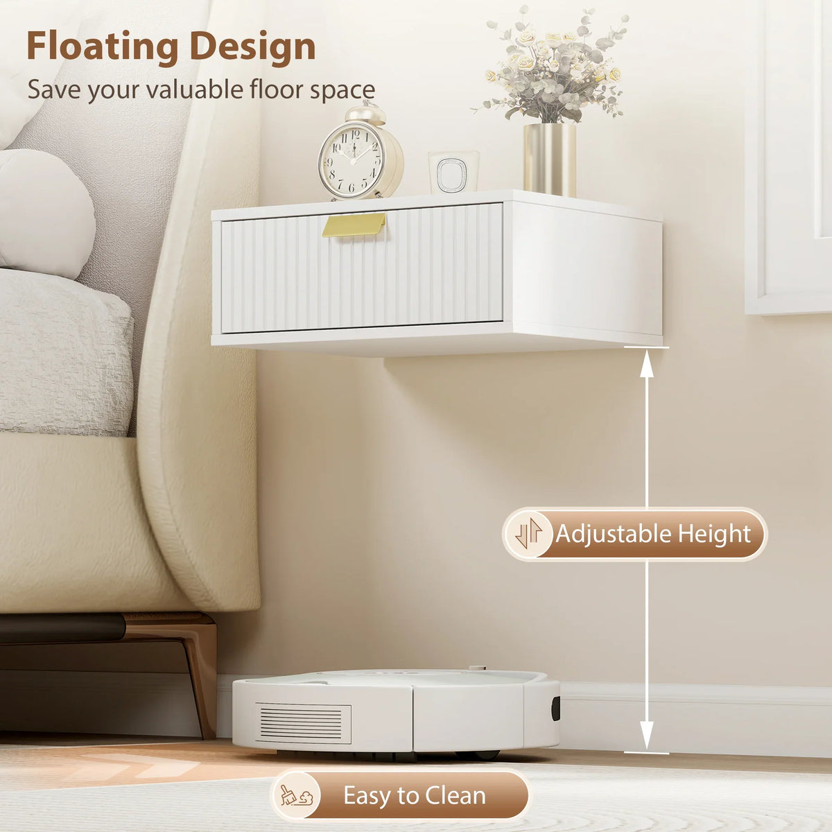 White wall-mounted floating bedside cabinet with wave front drawer and wide open shelf