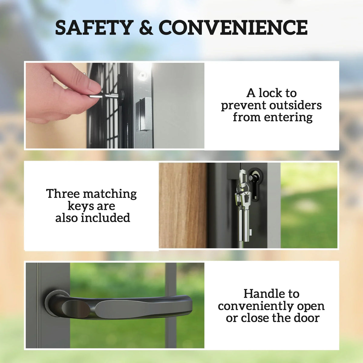 Black gate lock and lever handle on steel frame