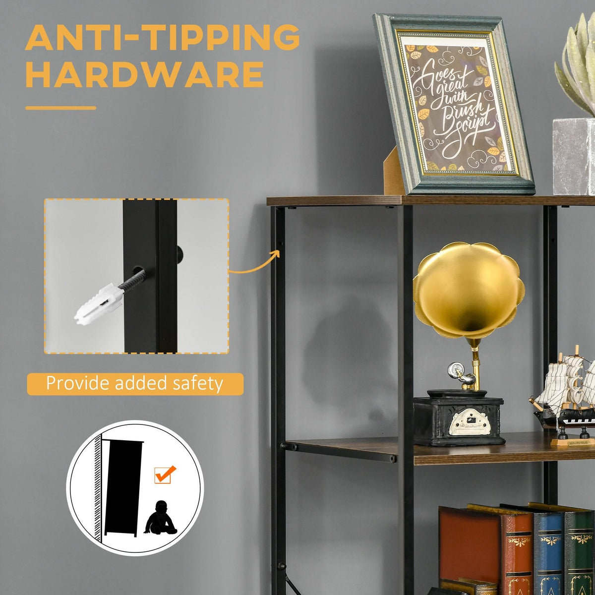 Anti-tipping wall anchor hardware for industrial bookshelf with black metal frame.