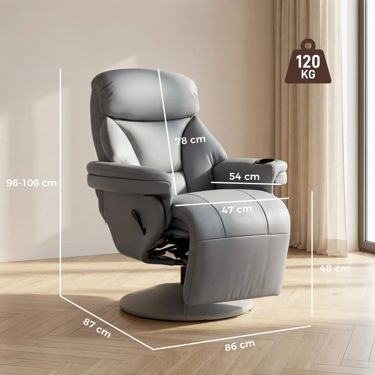 Grey manual recliner armchair with footrest, angled front view on swivel base