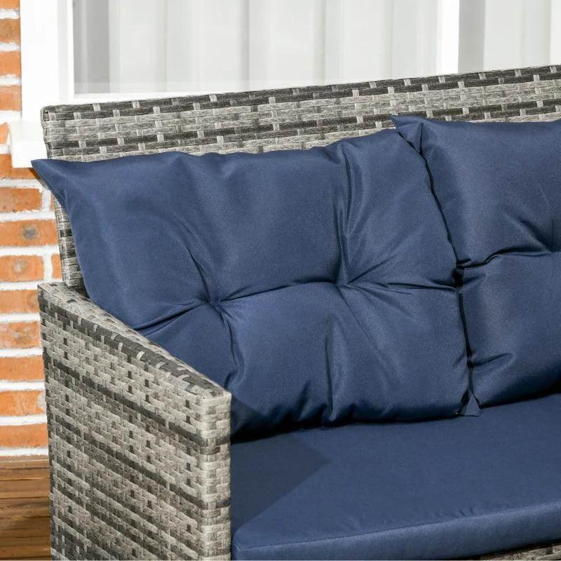 Outdoor patio wicker sofa set backrest with navy tufted cushions