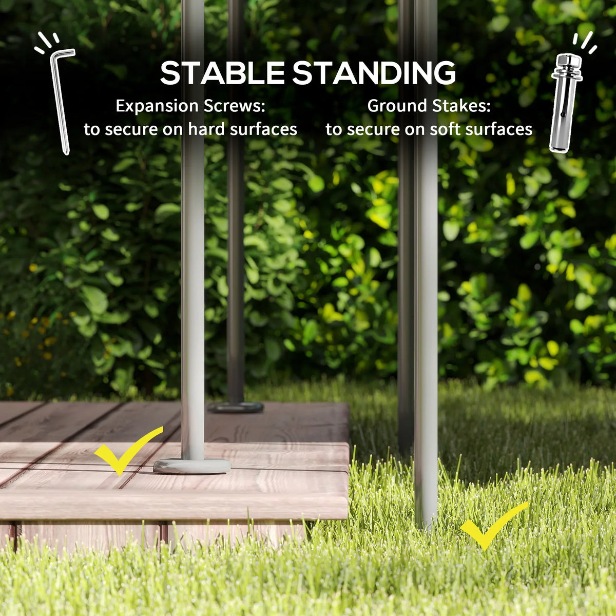 Gazebo base with expansion screws and ground stakes for secure, stable standing