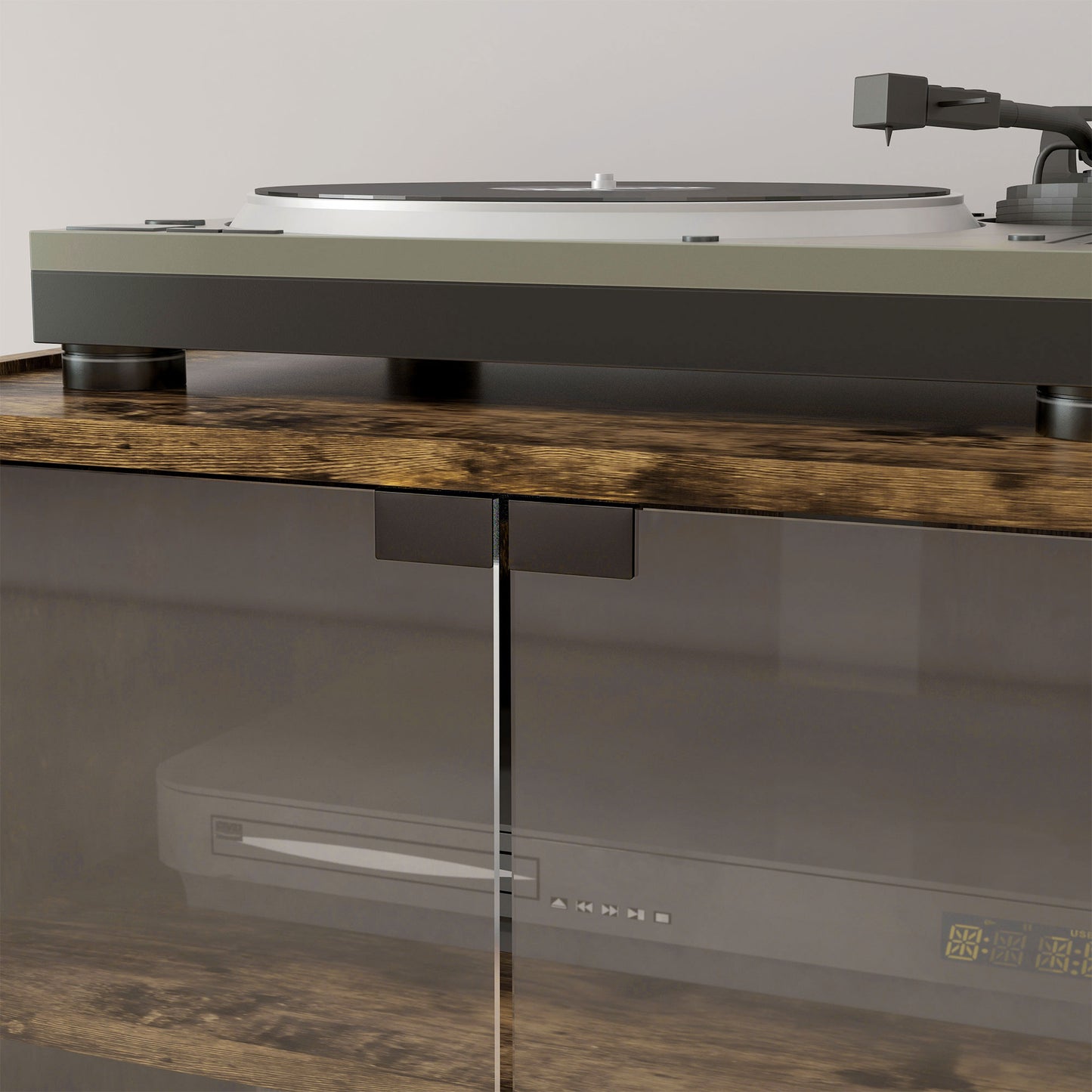 HOMCOM 4 Tier HiFi Record Player Stand With Adjustable Shelves And Push To Open Glass Doors Rustic Brown