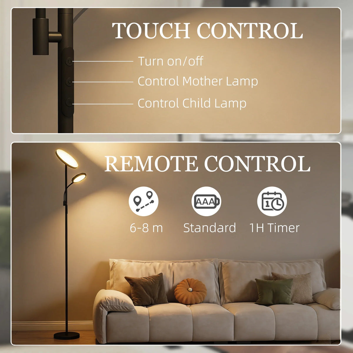 Black LED floor lamp with dual light heads and remote-control and touch-control icons