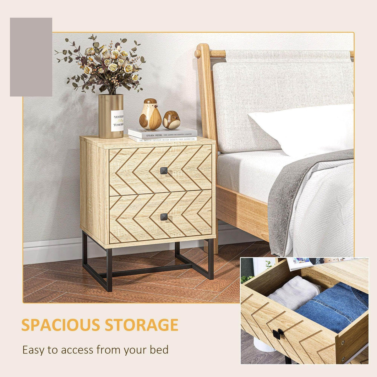 Wood bedside nightstand with 2 drawers, geometric fronts, black metal legs