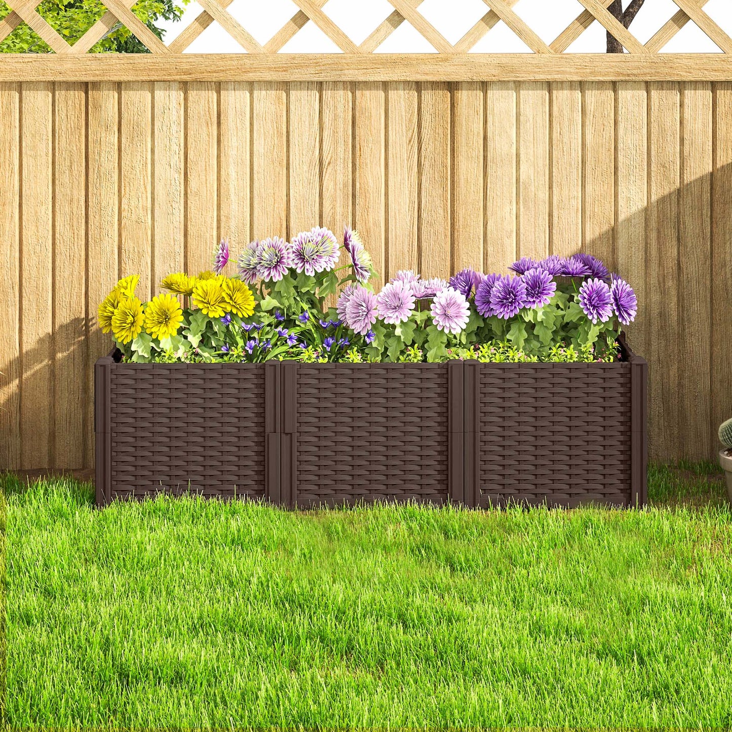 Outsunny Plastic Raised Garden Bed Modular Planter Box Kit Garden Fence Edging Border Flowers Vegetables Herbs Brown